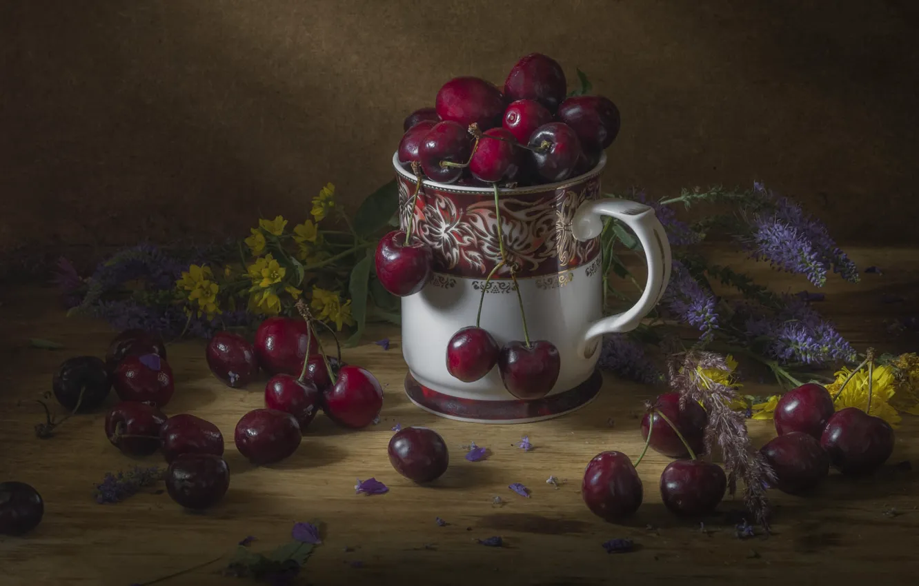 Photo wallpaper flowers, cherry, table, mug, still life, placer, cherry
