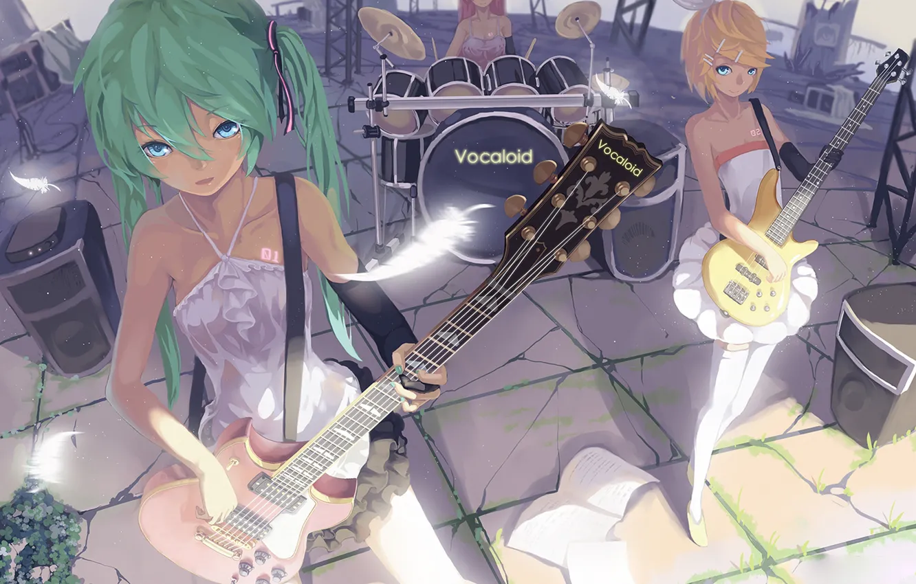 Photo wallpaper girls, the game, guitar, feathers, drums, hatsune miku, megurine luka, kagamine rin