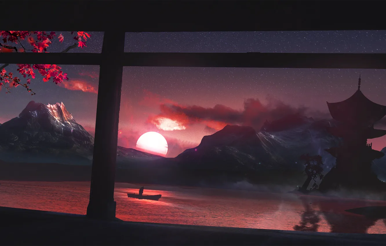 Photo wallpaper the sun, sunset, mountains, cherry, lake, house, boat, Japan