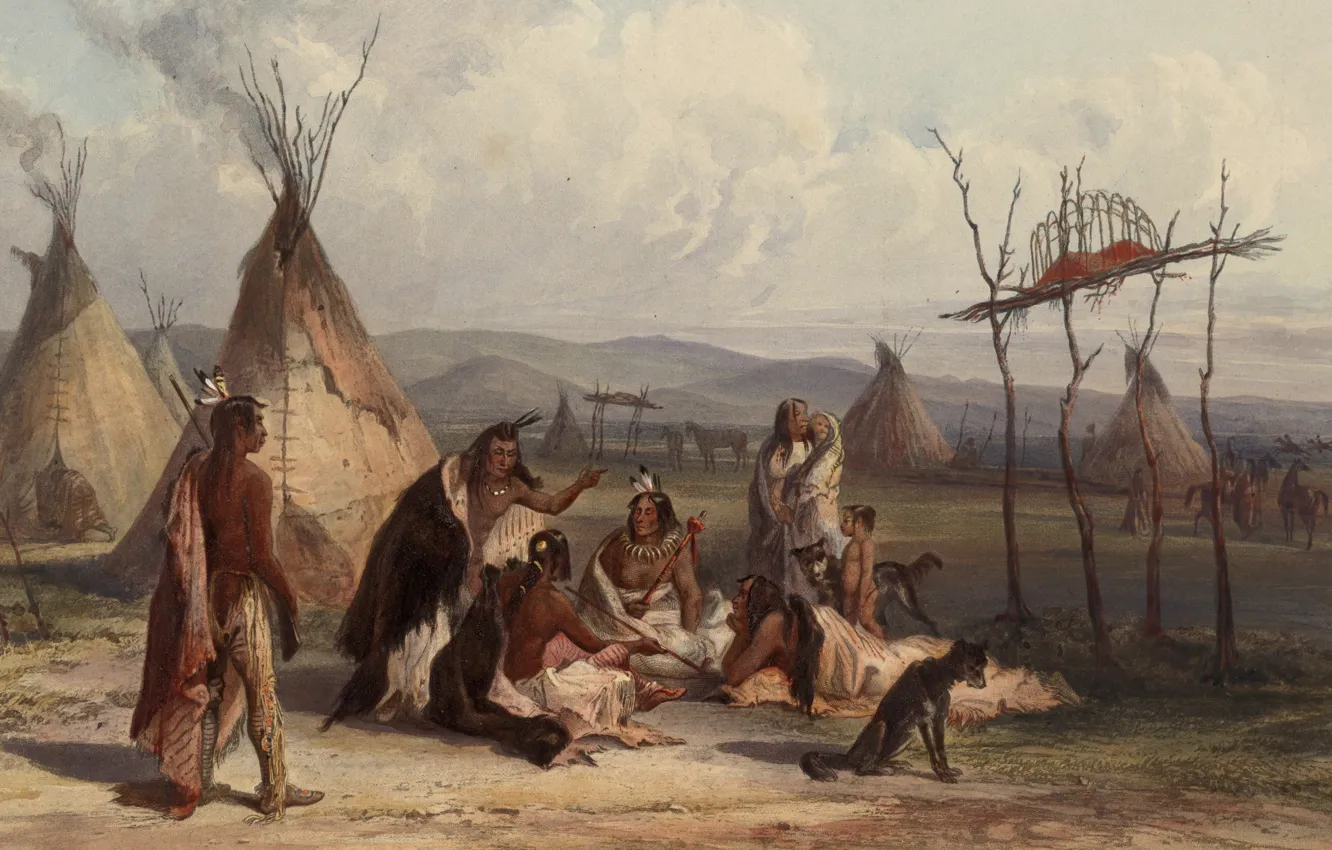 Photo wallpaper picture, painting, painting, Karl Bodmer, 1844, funeral scaffold of a sioux chief near fort pierre …