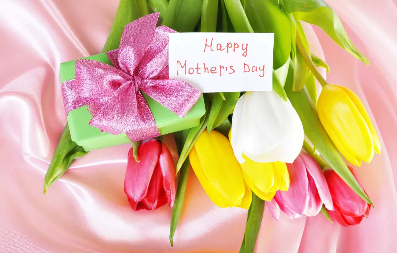 Photo wallpaper flowers, gift, tape, tulips, colorful, congratulations, mother's day