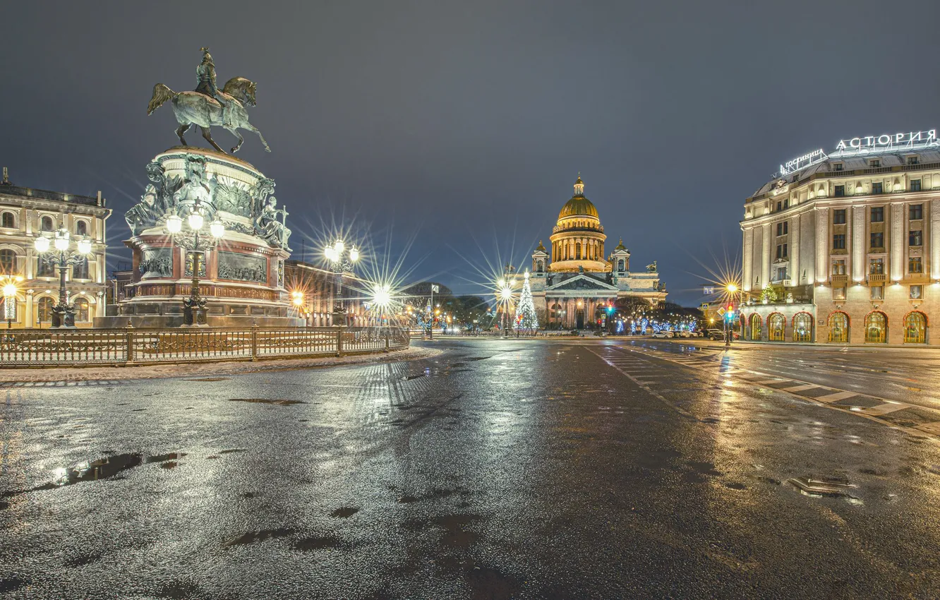 Photo wallpaper building, home, area, lights, Saint Petersburg, monument, St. Isaac's Cathedral, Russia