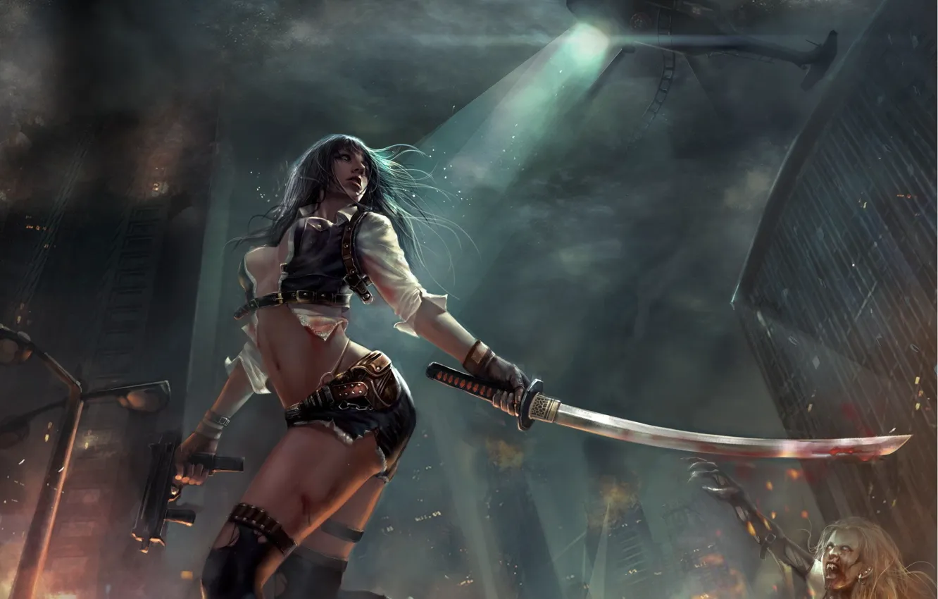 Photo wallpaper girl, night, pose, weapons, smoke, art, zombies, helicopter