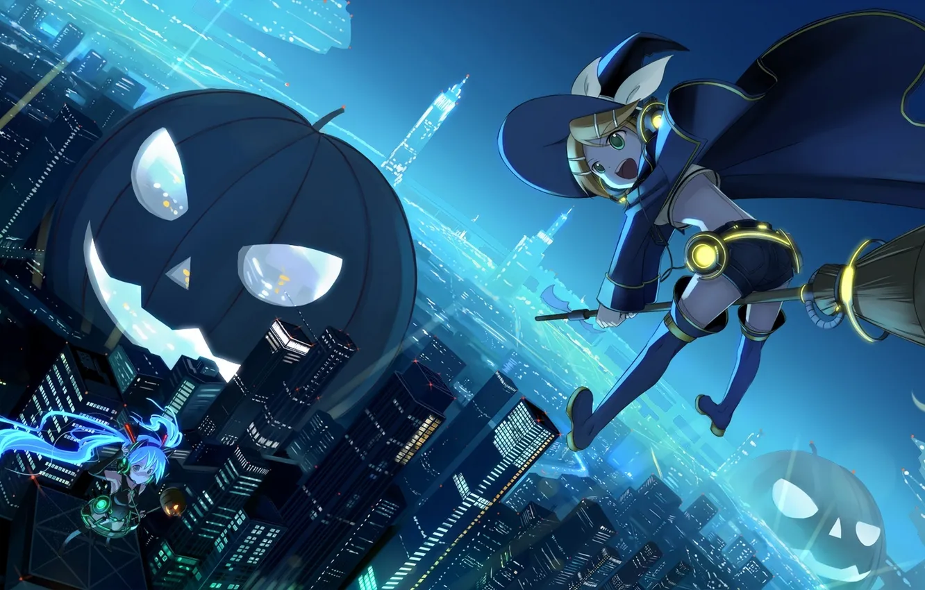Photo wallpaper girl, night, the city, lights, hat, anime, art, Halloween