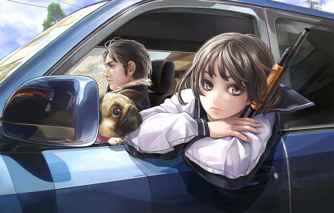 Photo wallpaper machine, weapons, dog, art, girl, male, the gun, trip