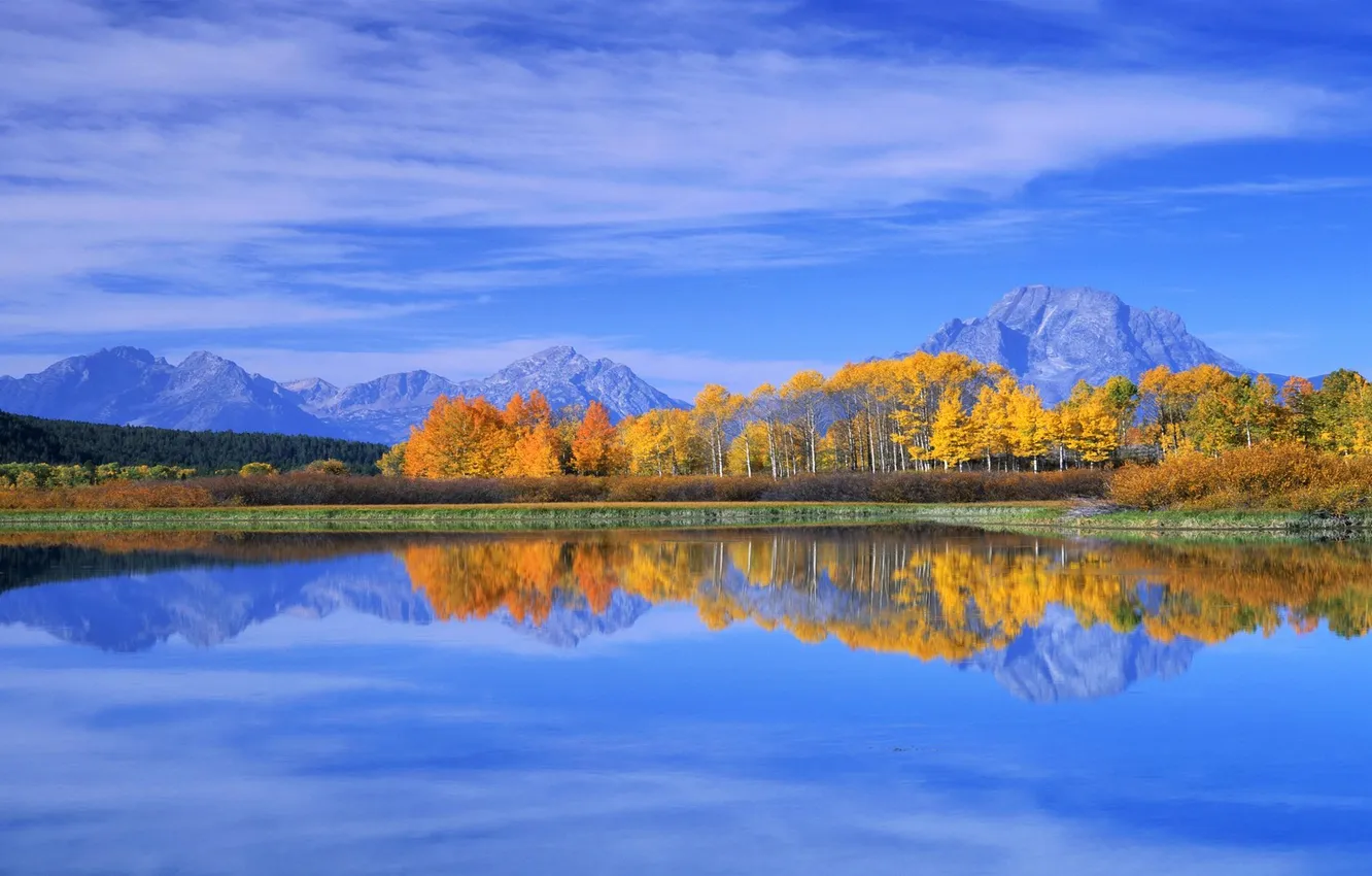 Photo wallpaper autumn, forest, the sky, leaves, clouds, trees, mountains, lake