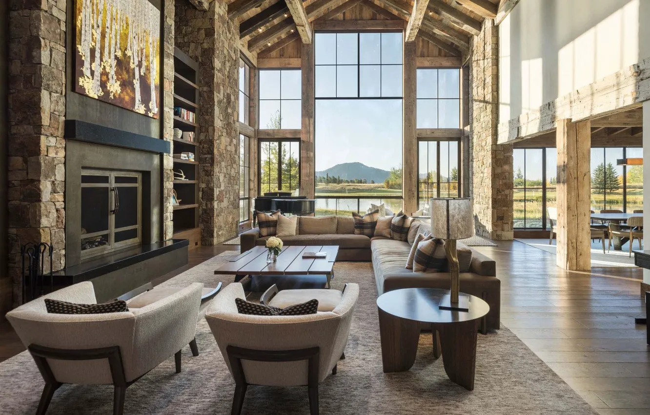 Photo wallpaper interior, ranch, dining room, living room, delightful rustic home in Wyoming, rustic house in Wyoming, …