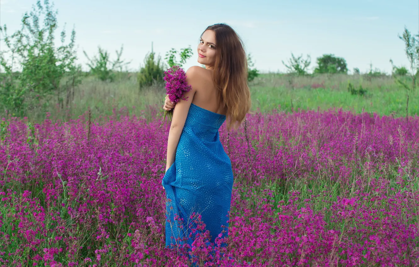 Photo wallpaper look, girl, flowers, hair, meadow, a bunch