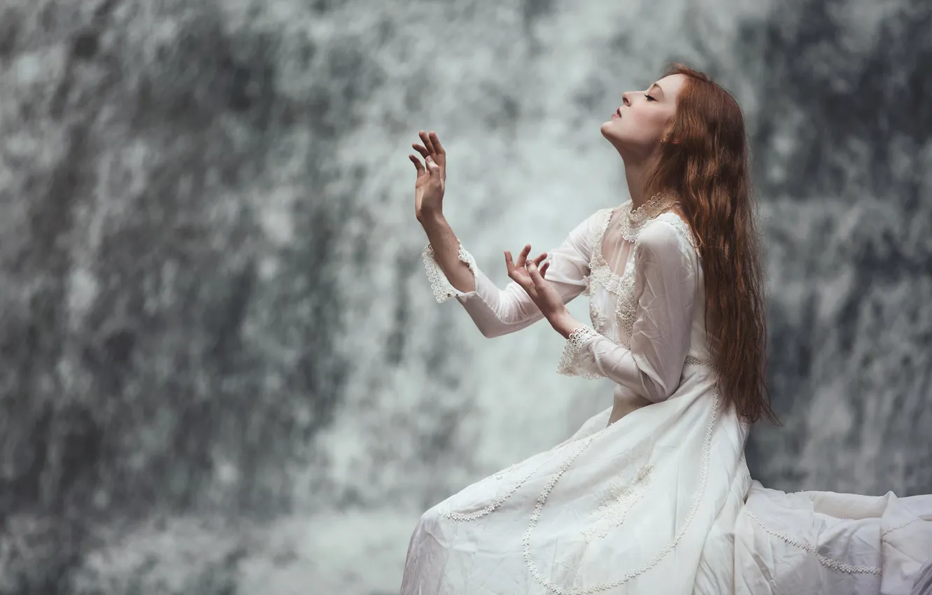 Photo wallpaper water, girl, face, pose, background, mood, waterfall, hands