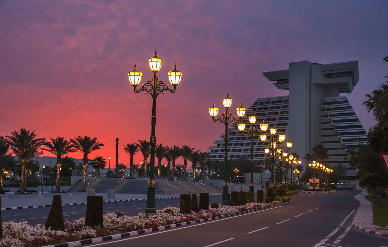 Photo wallpaper road, sunset, design, lights, palm trees, the building, the evening, lights