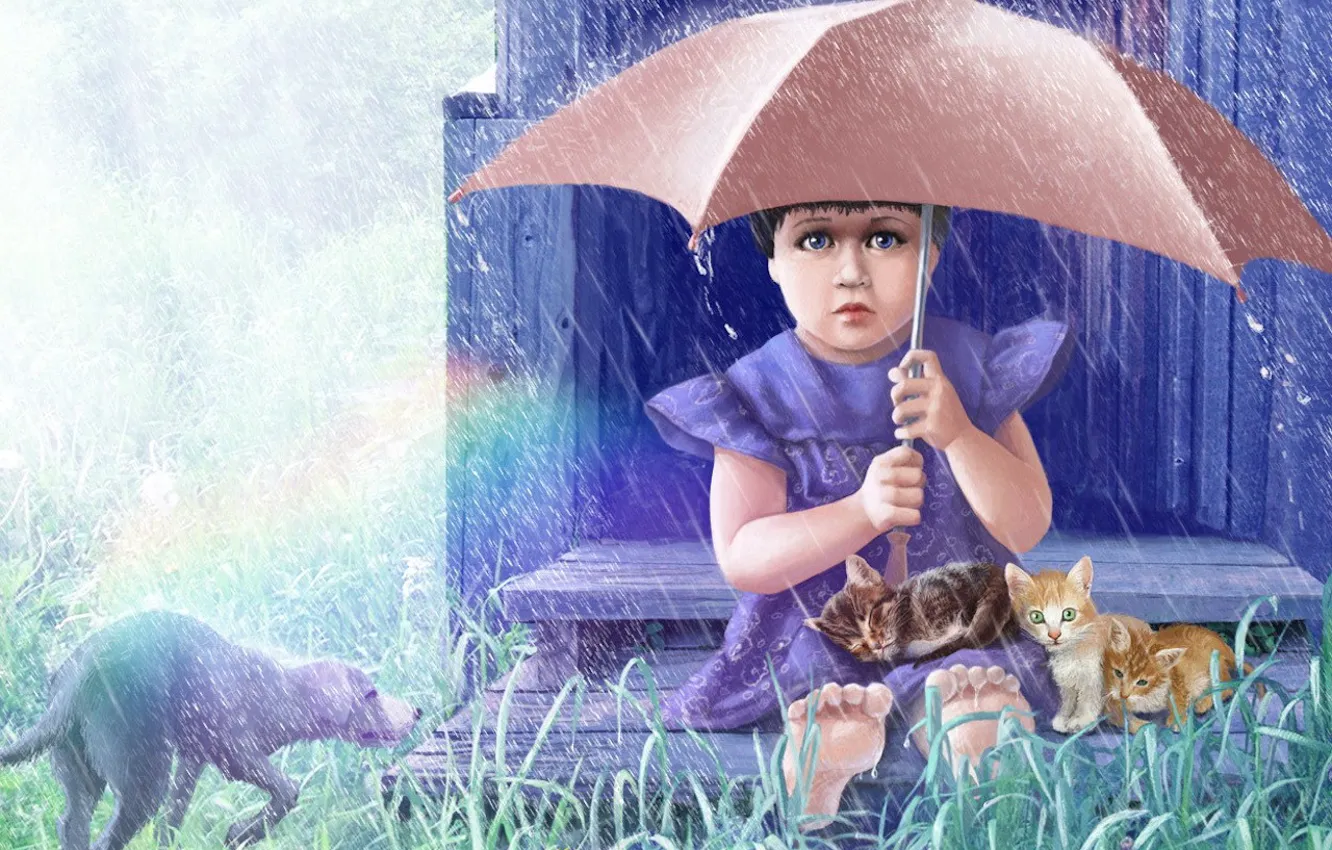 Photo wallpaper grass, rain, animal, figure, dog, umbrella, girl, kitty