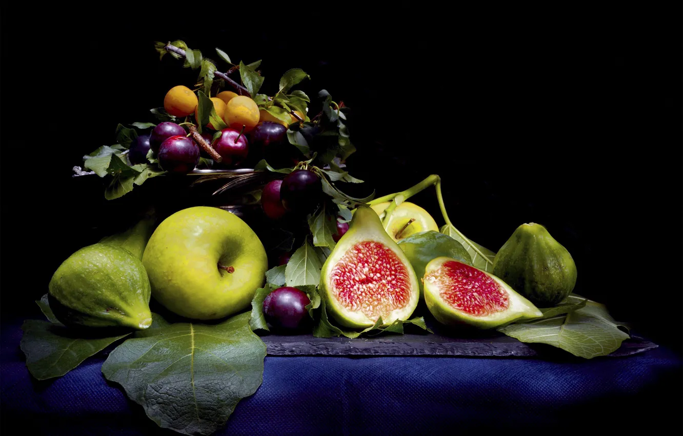 Photo wallpaper leaves, branches, apples, fruit, Board, fruit, plum, figs