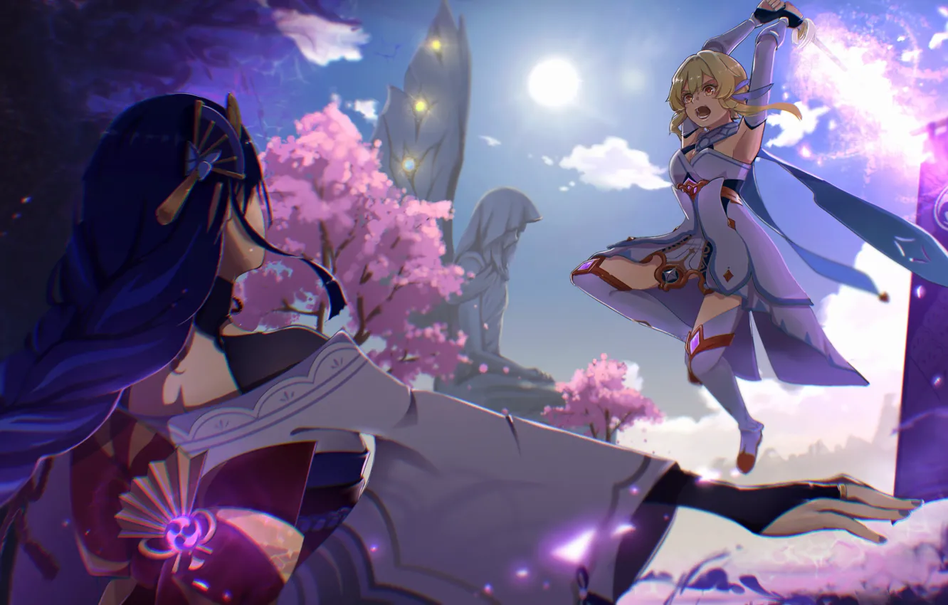 Photo wallpaper girl, battle, Genshin Impact, Light, Raiden Shogun