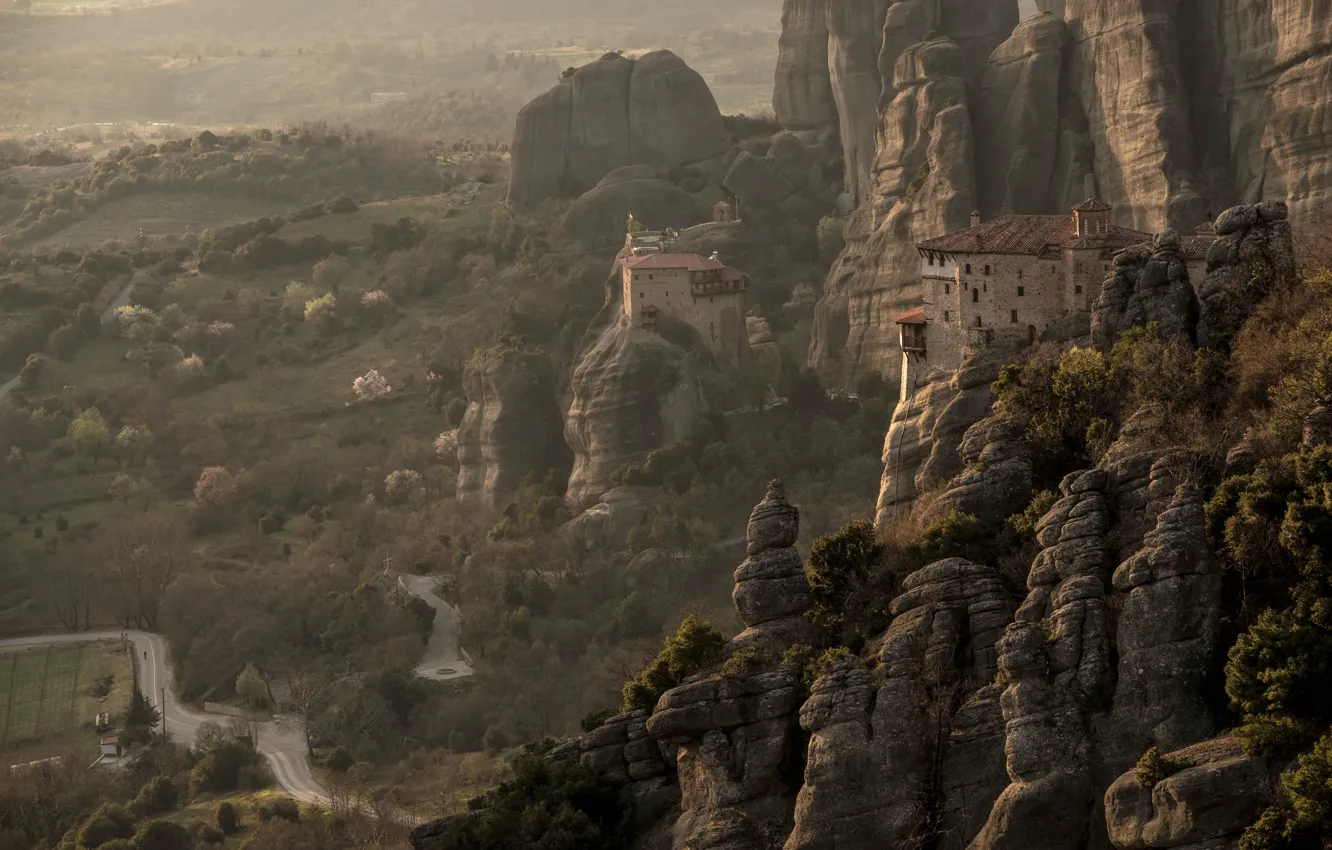 Photo wallpaper road, forest, landscape, mountains, nature, rocks, meteor, Greece