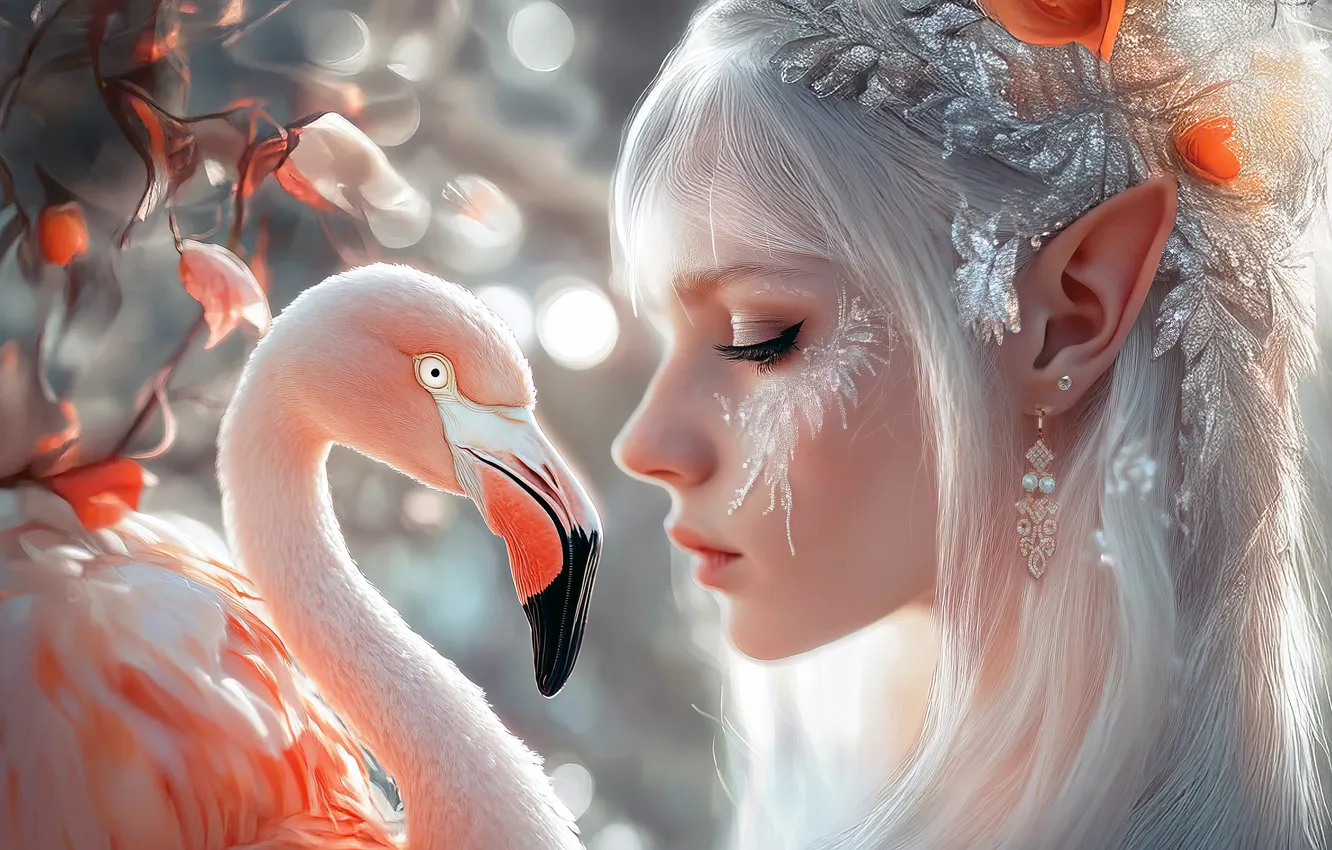 Photo wallpaper girl, bird, fantasy, Flamingo, AI art, neural network