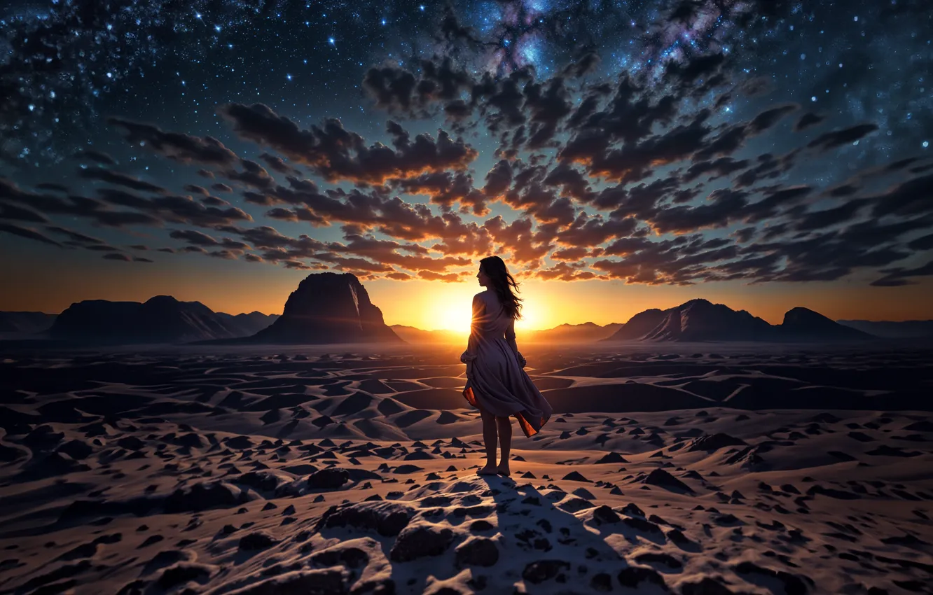 Photo wallpaper girl, the sun, clouds, rocks, desert, silhouette, AI art, neural network