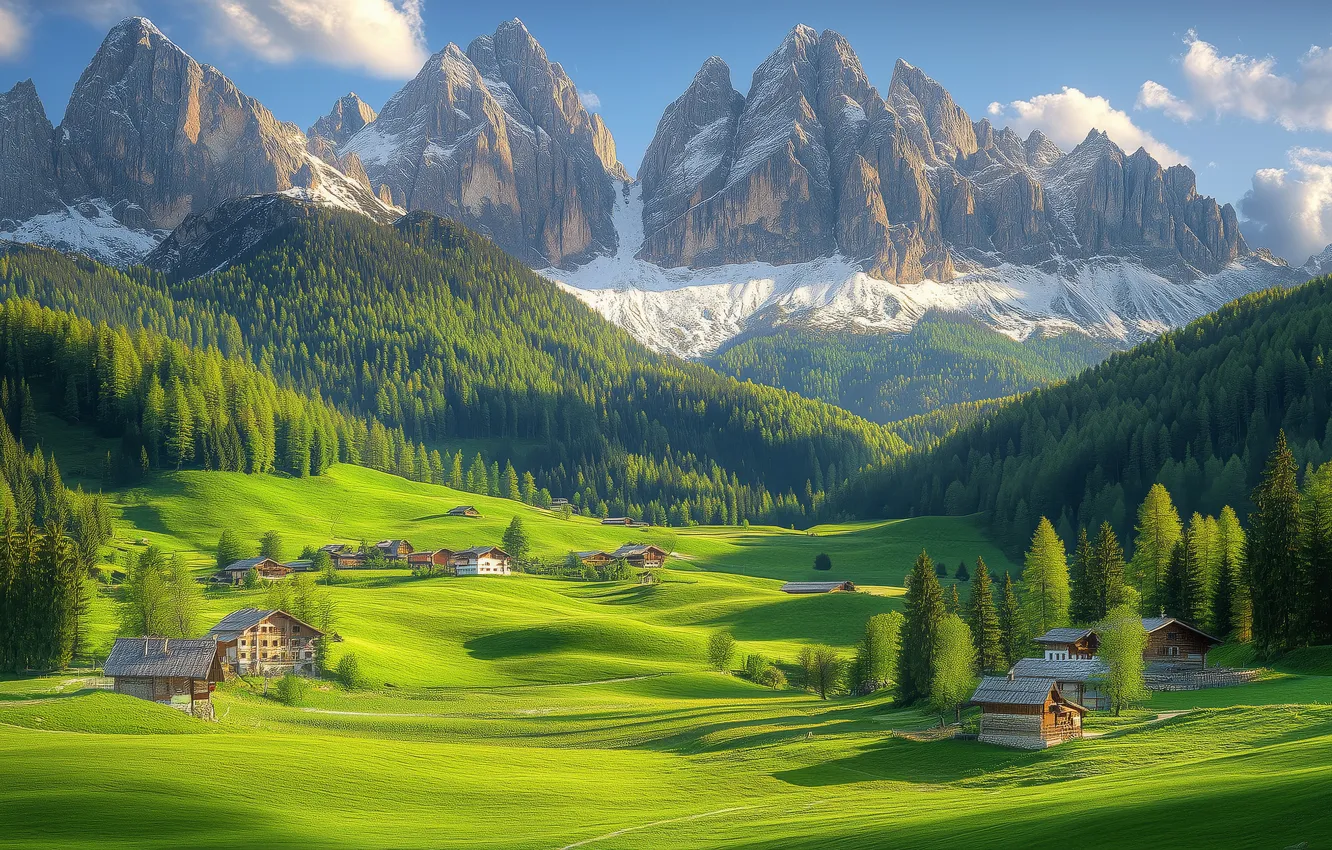 Photo wallpaper greens, field, forest, clouds, light, snow, mountains, rocks