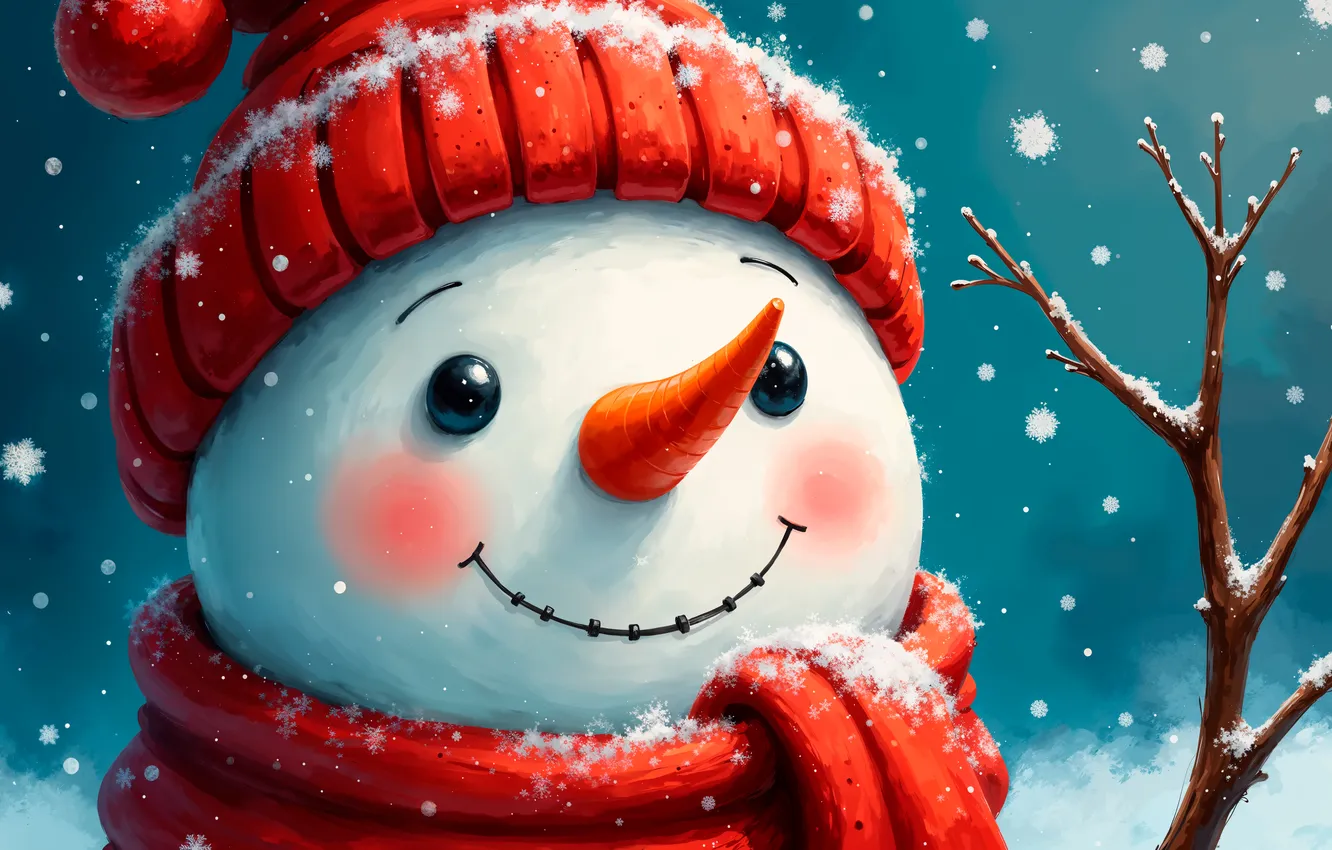 Photo wallpaper winter, snow, branches, smile, hat, scarf, Christmas, New year