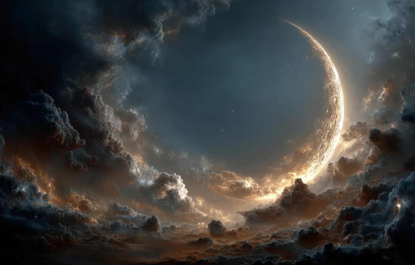 Photo wallpaper the sky, space, stars, clouds, light, landscape, clouds, planet