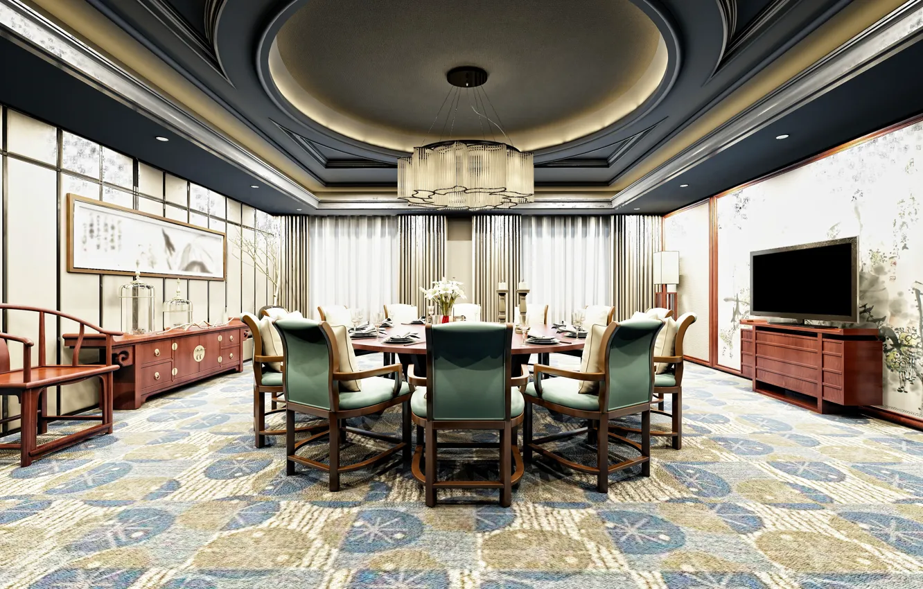 Photo wallpaper design, table, China, furniture, interior, chair, chandelier, interior