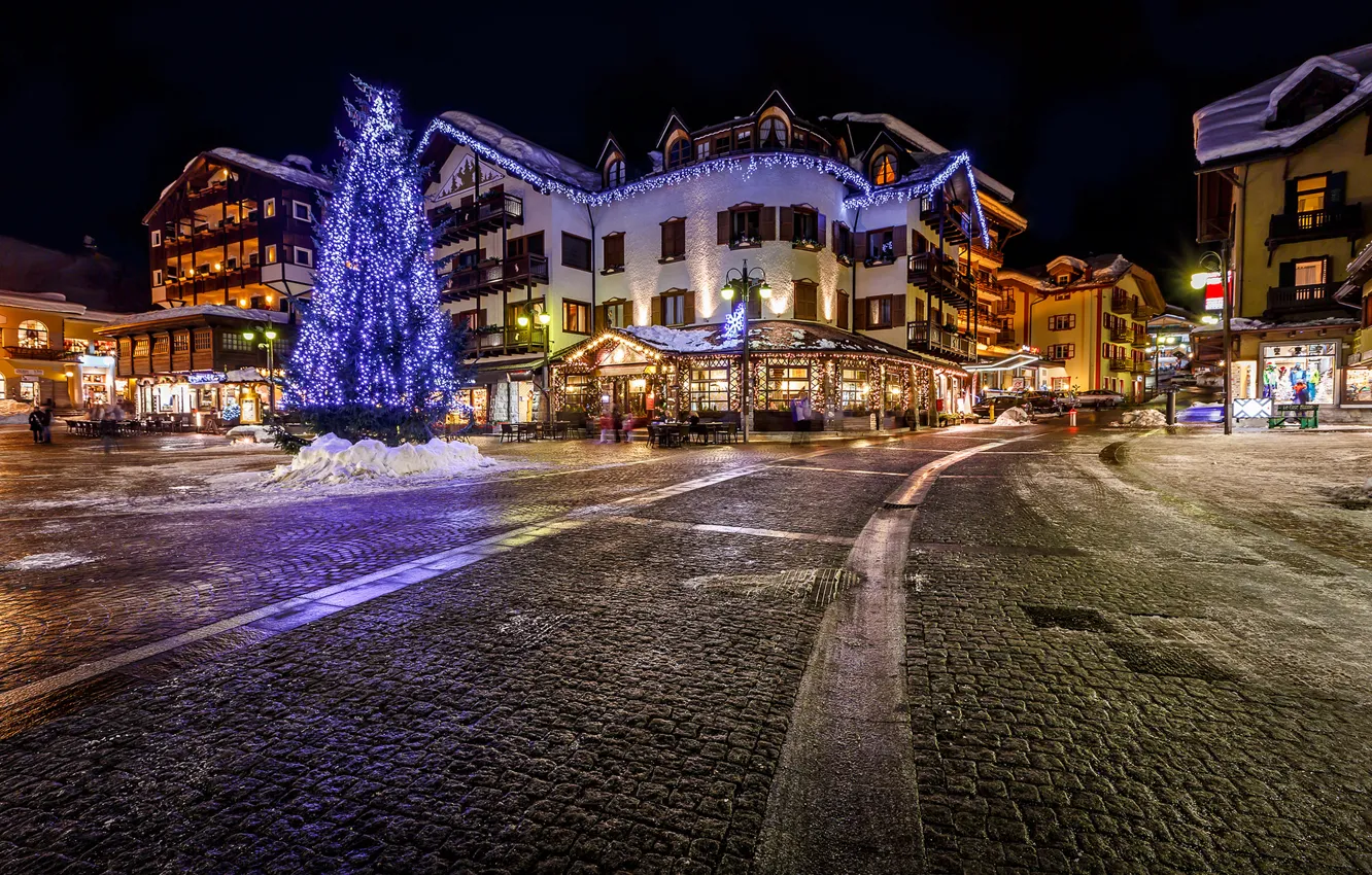 Photo wallpaper road, night, the city, building, tree, home, pavers, Alps