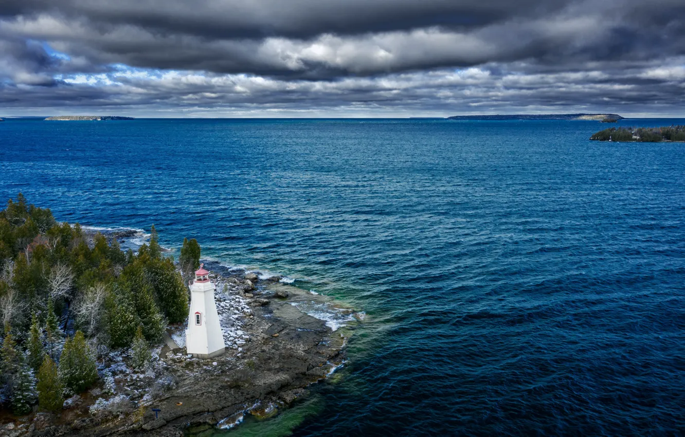Photo wallpaper landscape, clouds, nature, lake, lighthouse, Canada, Ontario