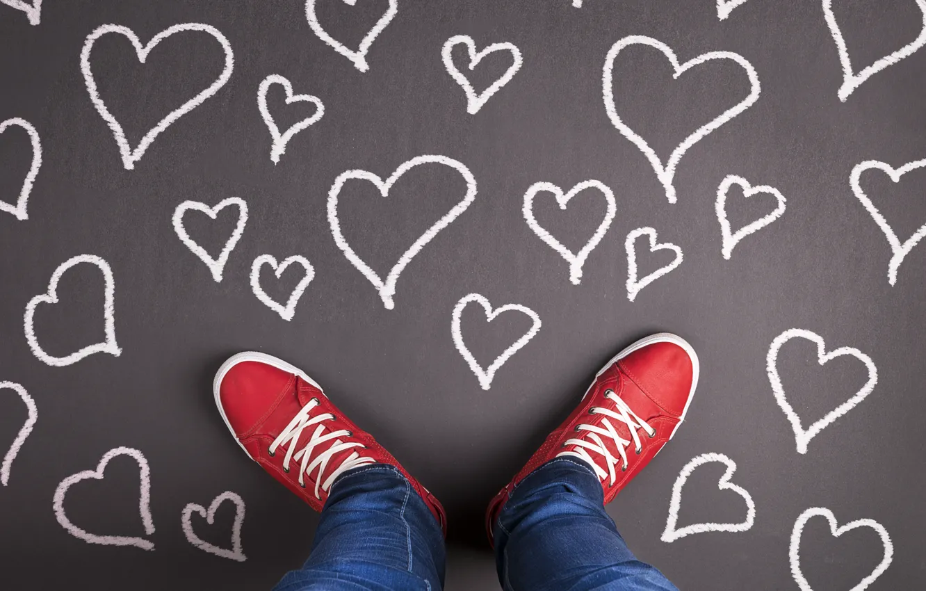 Photo wallpaper red, feet, sneakers, hearts