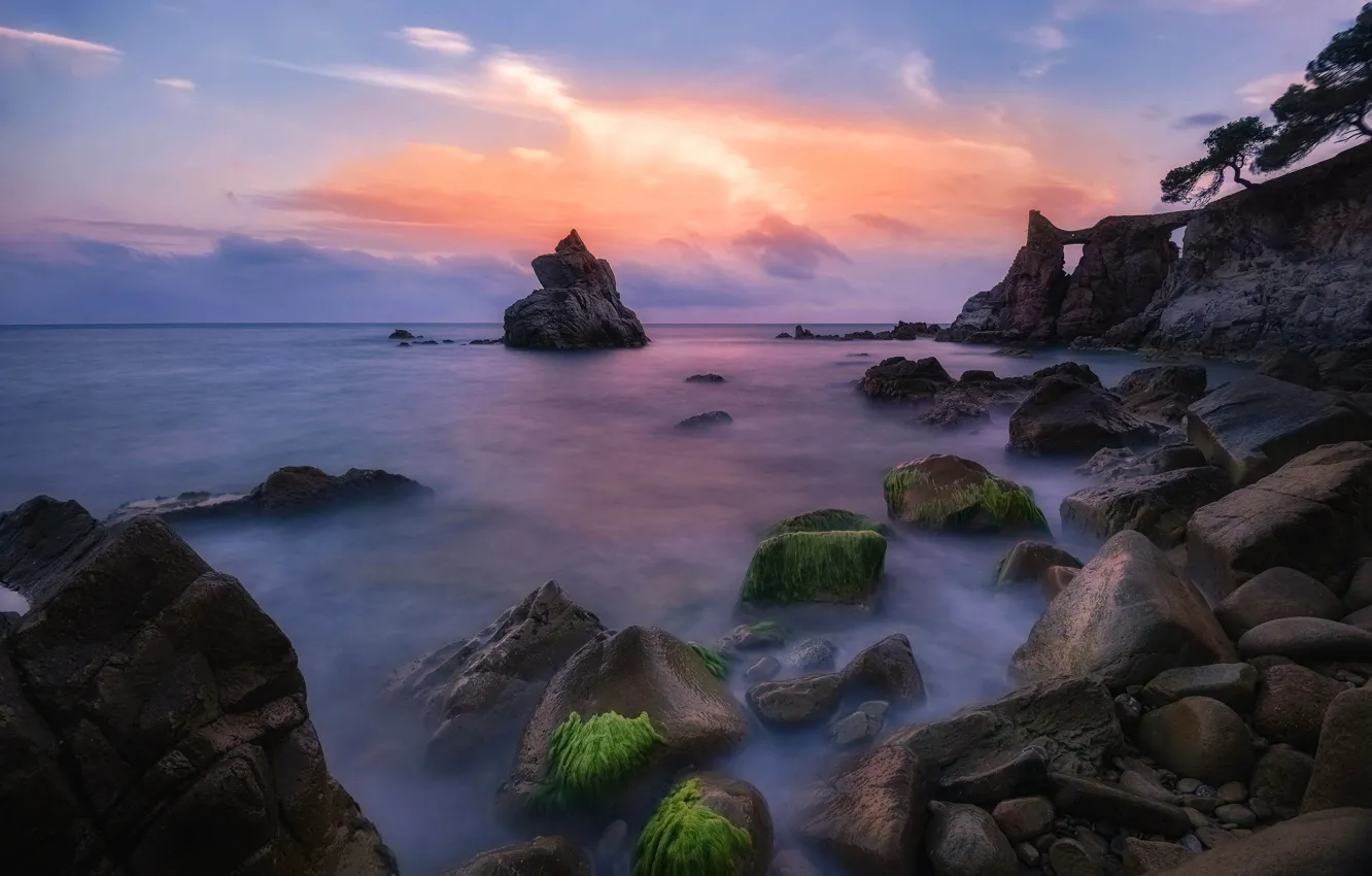 Photo wallpaper shore, ruins, sea, rocks, stones, sunset