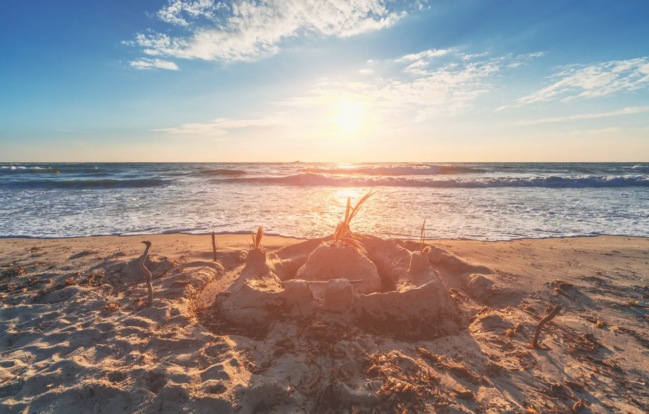Photo wallpaper sand, sea, beach, light, shore, surf, sand castle