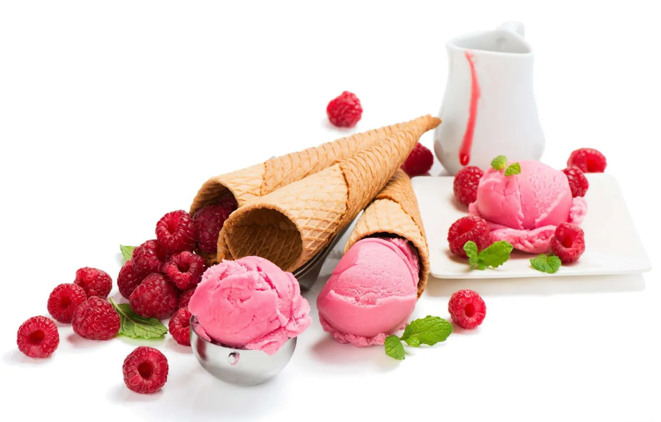 Photo wallpaper berries, raspberry, ice cream, horn, mint, dessert, syrup, waffle