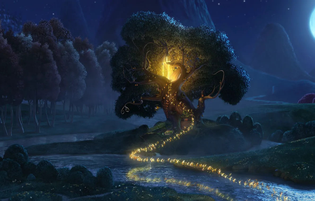 Photo wallpaper flight, mountains, night, the moon, meadow, moon, night, flight