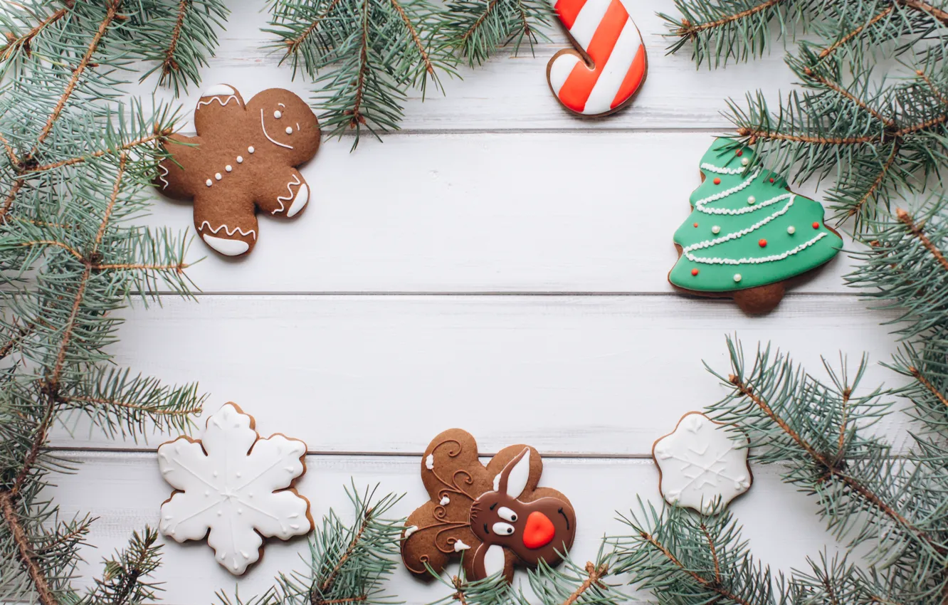 Photo wallpaper holiday, new year, cookies, treat, fir-tree branches