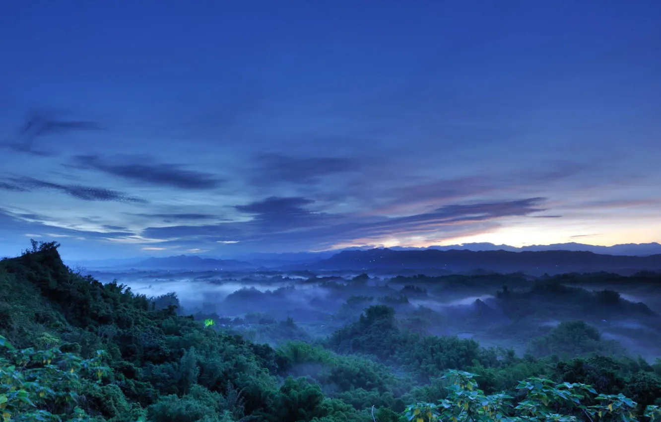 Photo wallpaper the sky, clouds, sunset, mountains, nature, fog