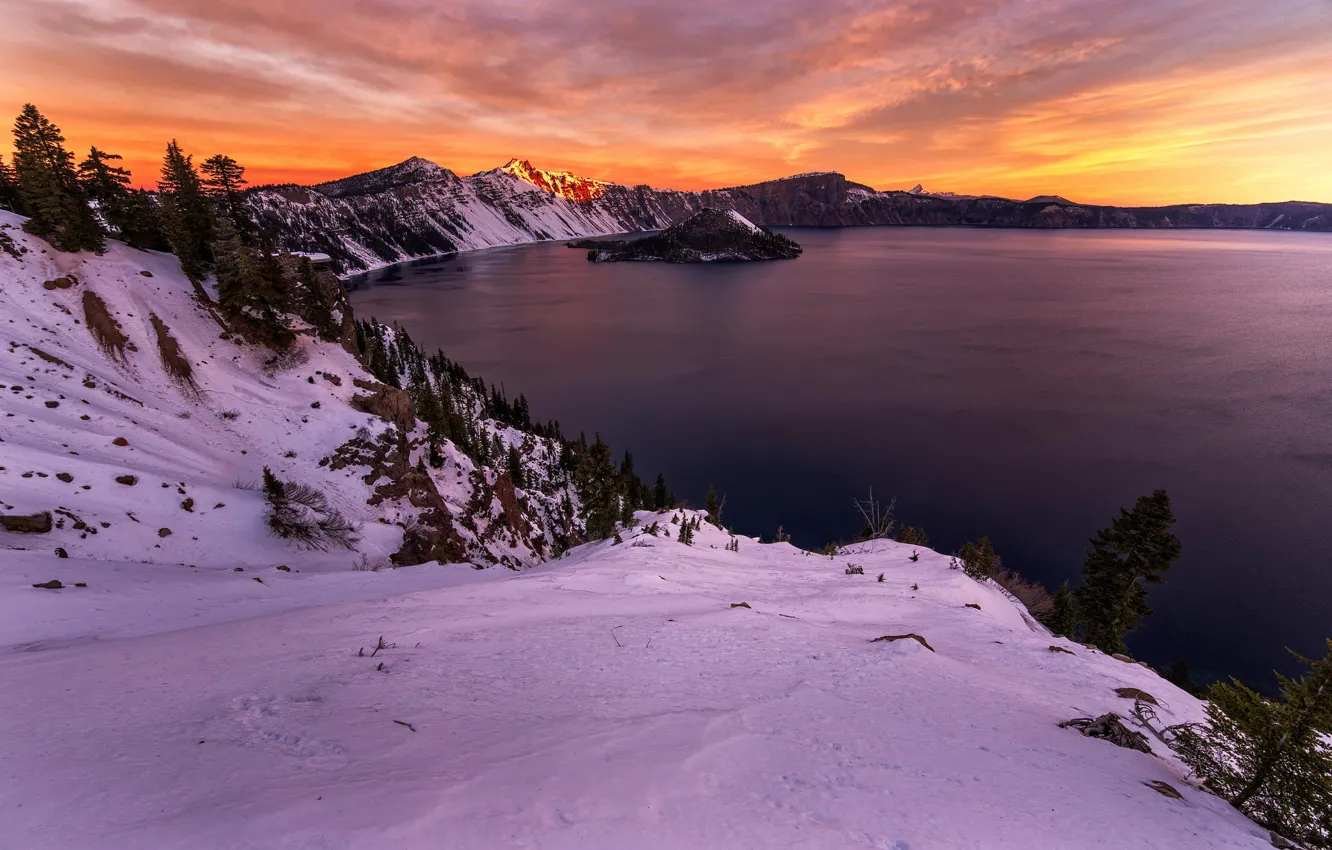 Photo wallpaper winter, lake, morning, Oregon, USA, state, Crater