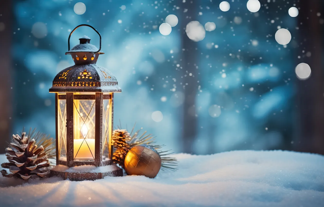 Photo wallpaper winter, snow, night, new year, Christmas, lights, Christmas, night