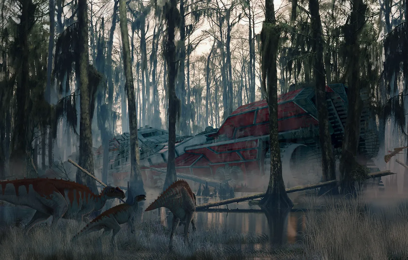 Photo wallpaper forest, dinosaur, lizard, camera, 75 million years ago