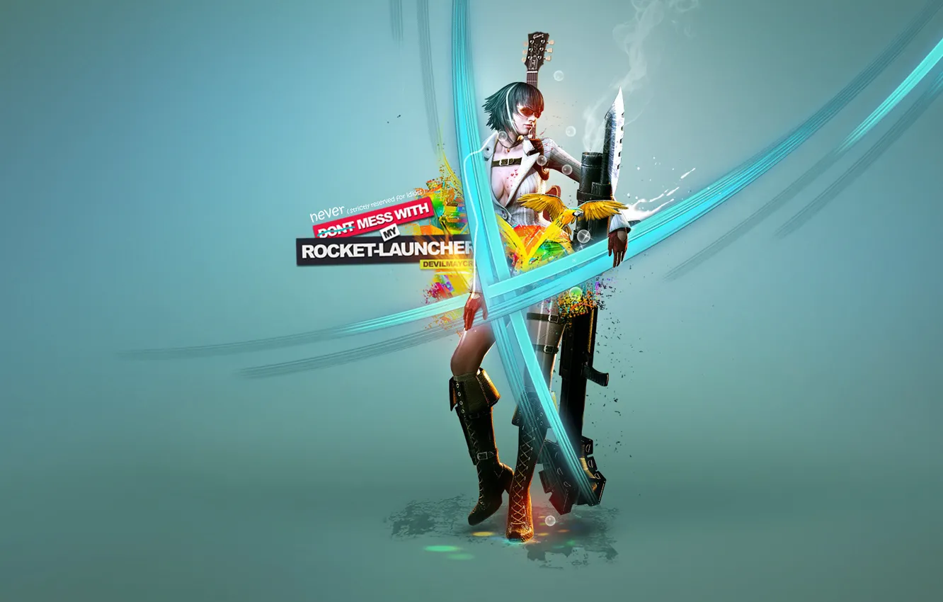 Photo wallpaper girl, weapons, the inscription, guitar, glasses, art, Devil May Cry