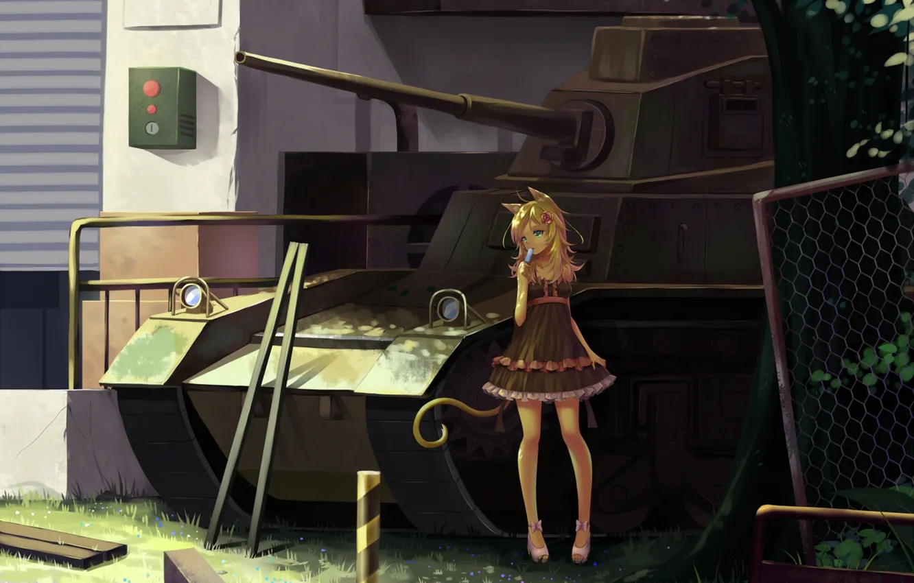 Photo wallpaper girl, shadow, anime, art, ice cream, tank, sonikey0 0