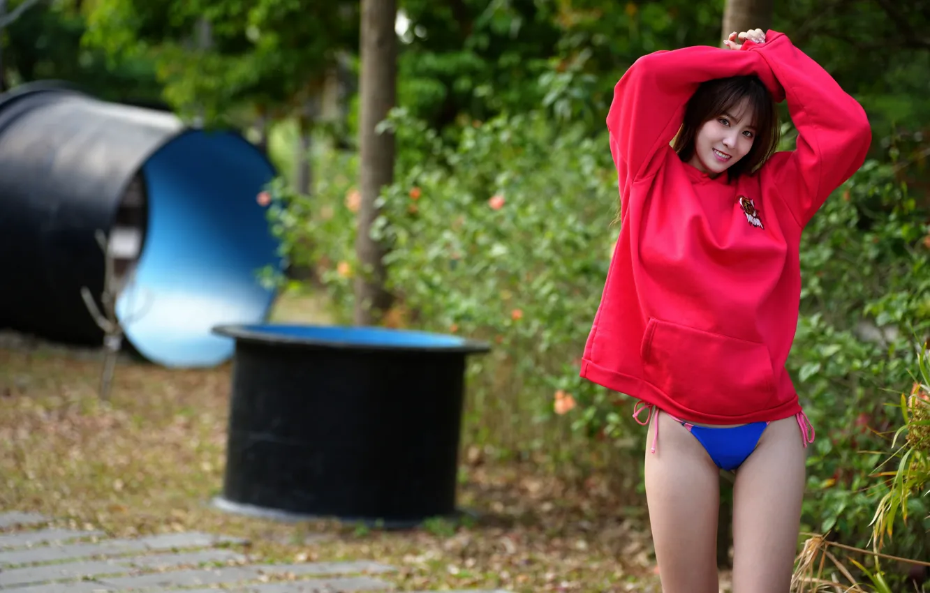 Photo wallpaper pose, smile, panties, Asian, hip, jacket