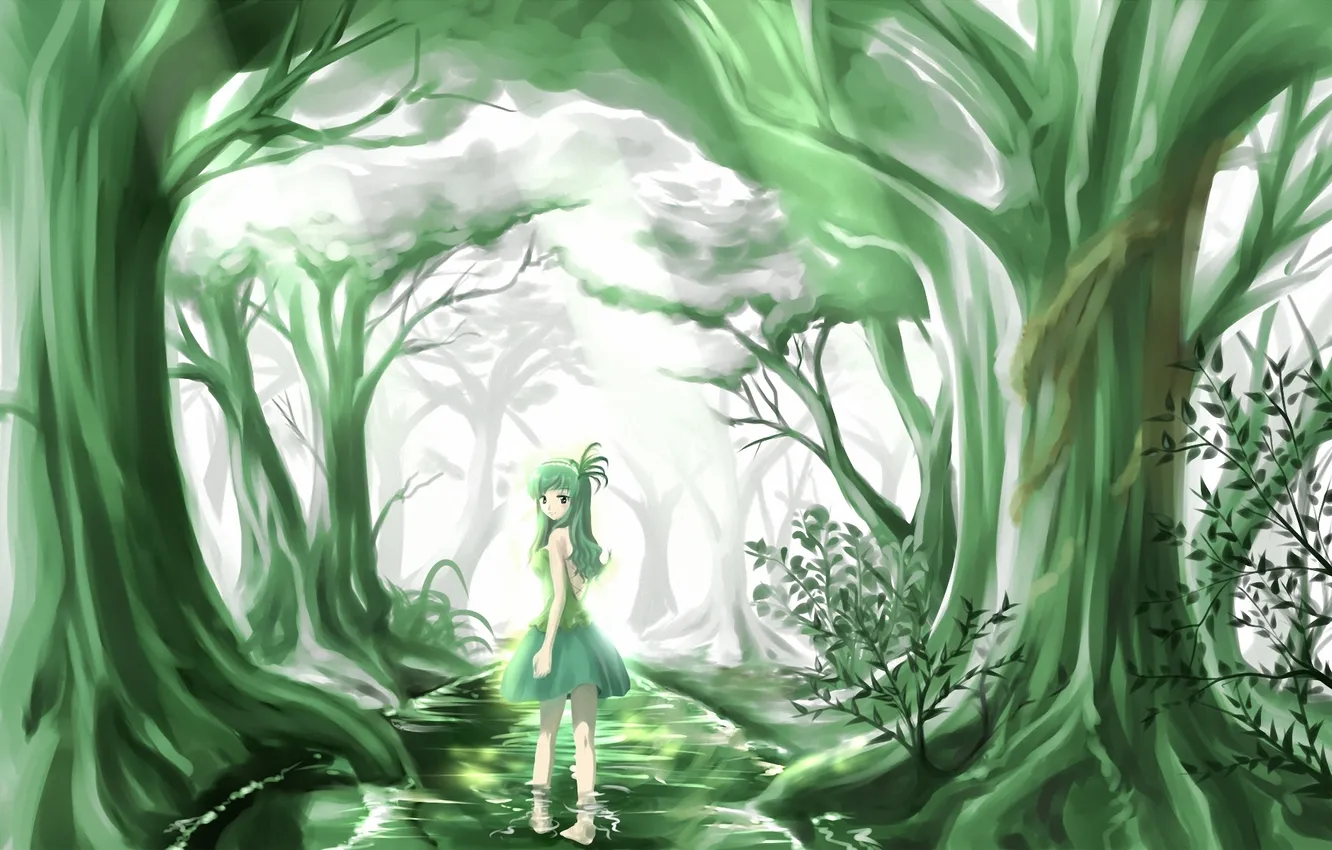 Photo wallpaper forest, water, trees, stream, art, girl, walk