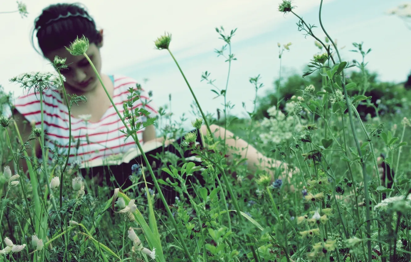 Photo wallpaper grass, girl, nature, face, background, Wallpaper, mood, plant