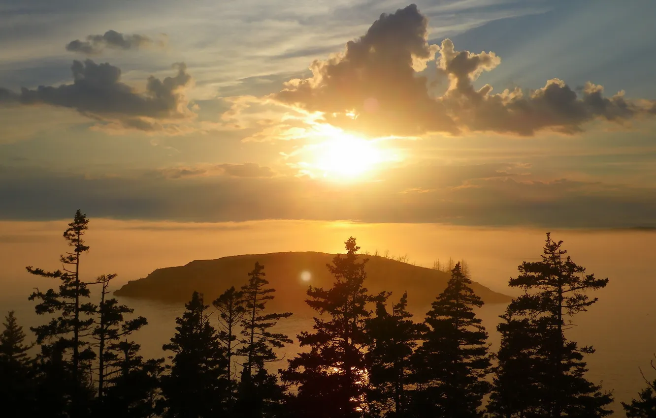 Photo wallpaper landscape, sunset, fog