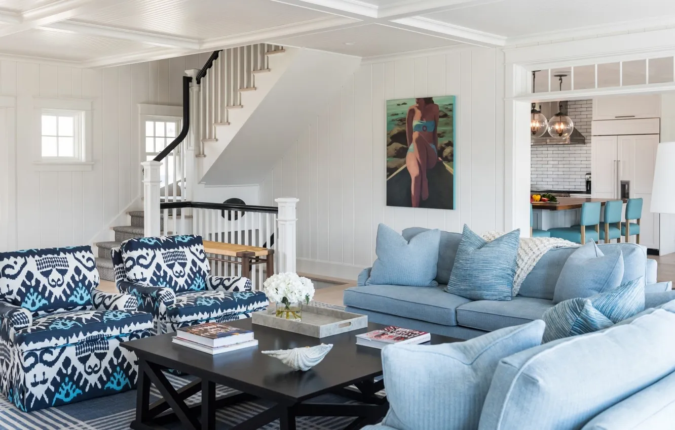 Photo wallpaper design, interior, ladder, marine style, upholstered furniture, Cozy living room, duplex villa, Coastal Style
