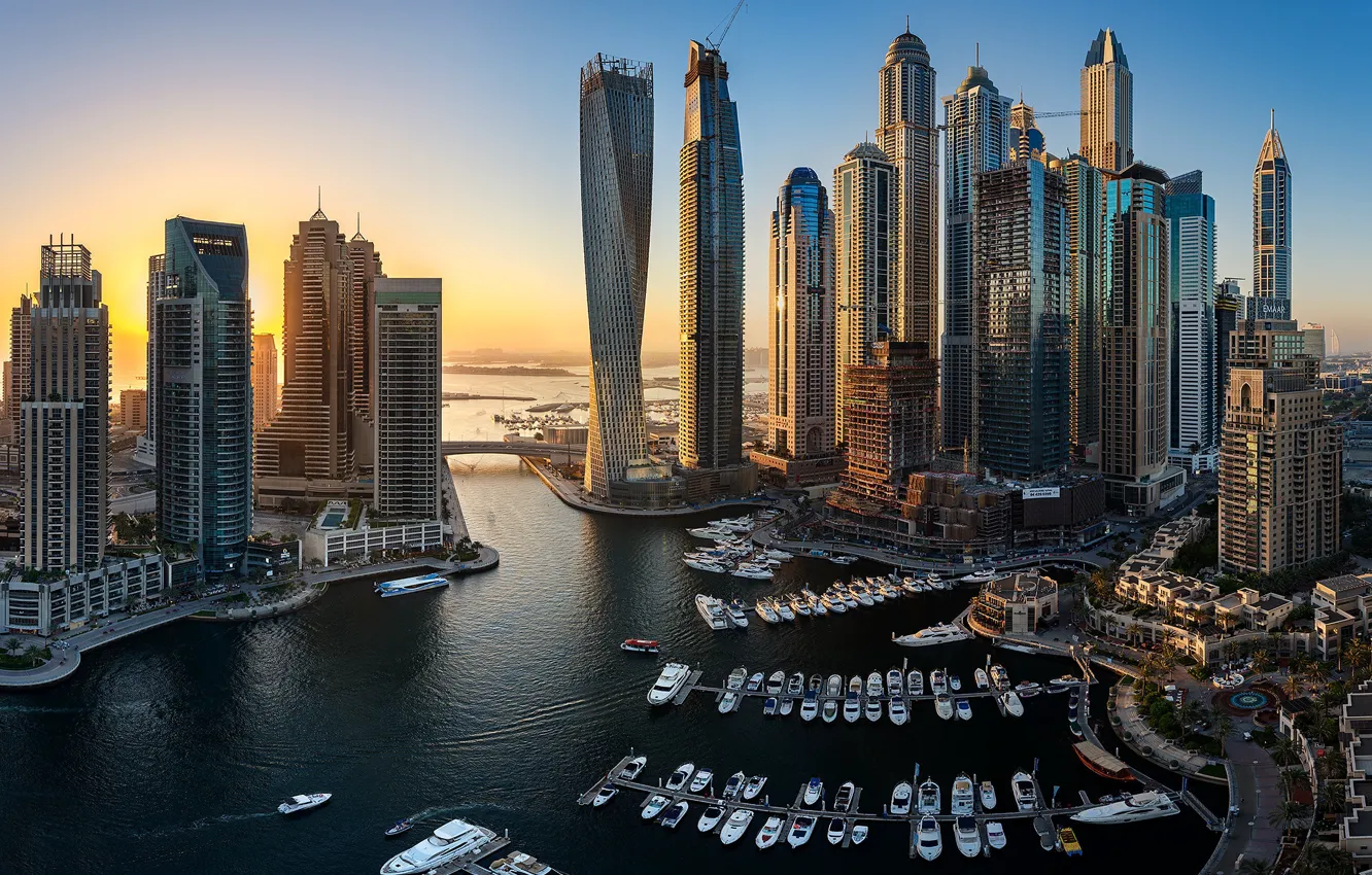 Photo wallpaper building, skyscrapers, yacht, boat, Bay, Dubai, Dubai, harbour