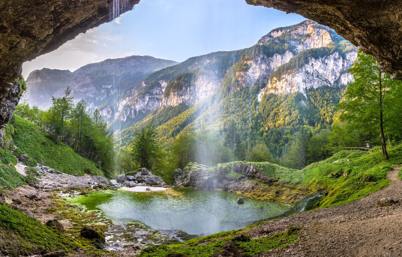 Photo wallpaper mountains, waterfall, valley, Alps, Italy, Italy, Alps, Friuli Venezia Giulia