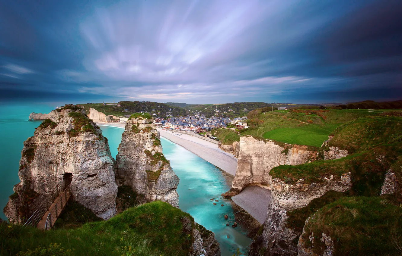 Photo wallpaper sea, beach, the sky, sunset, rocks, shore, France, home
