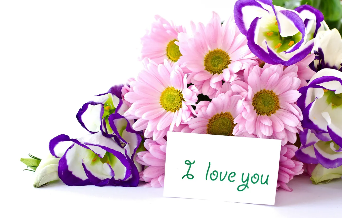 Photo wallpaper bouquet, I love you, chrysanthemum, flowers, eustoma