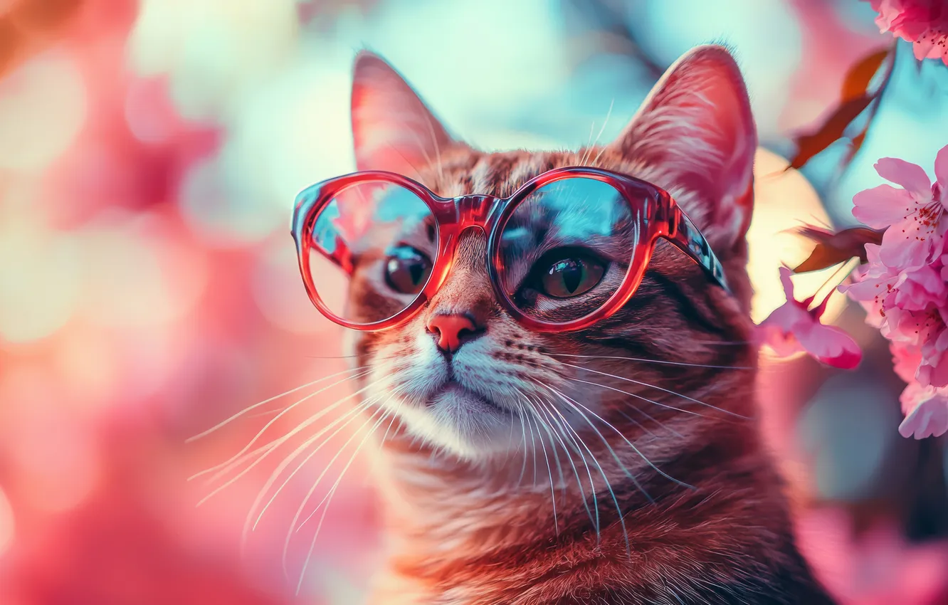 Photo wallpaper cat, cat, look, flowers, branches, cherry, pose, grey