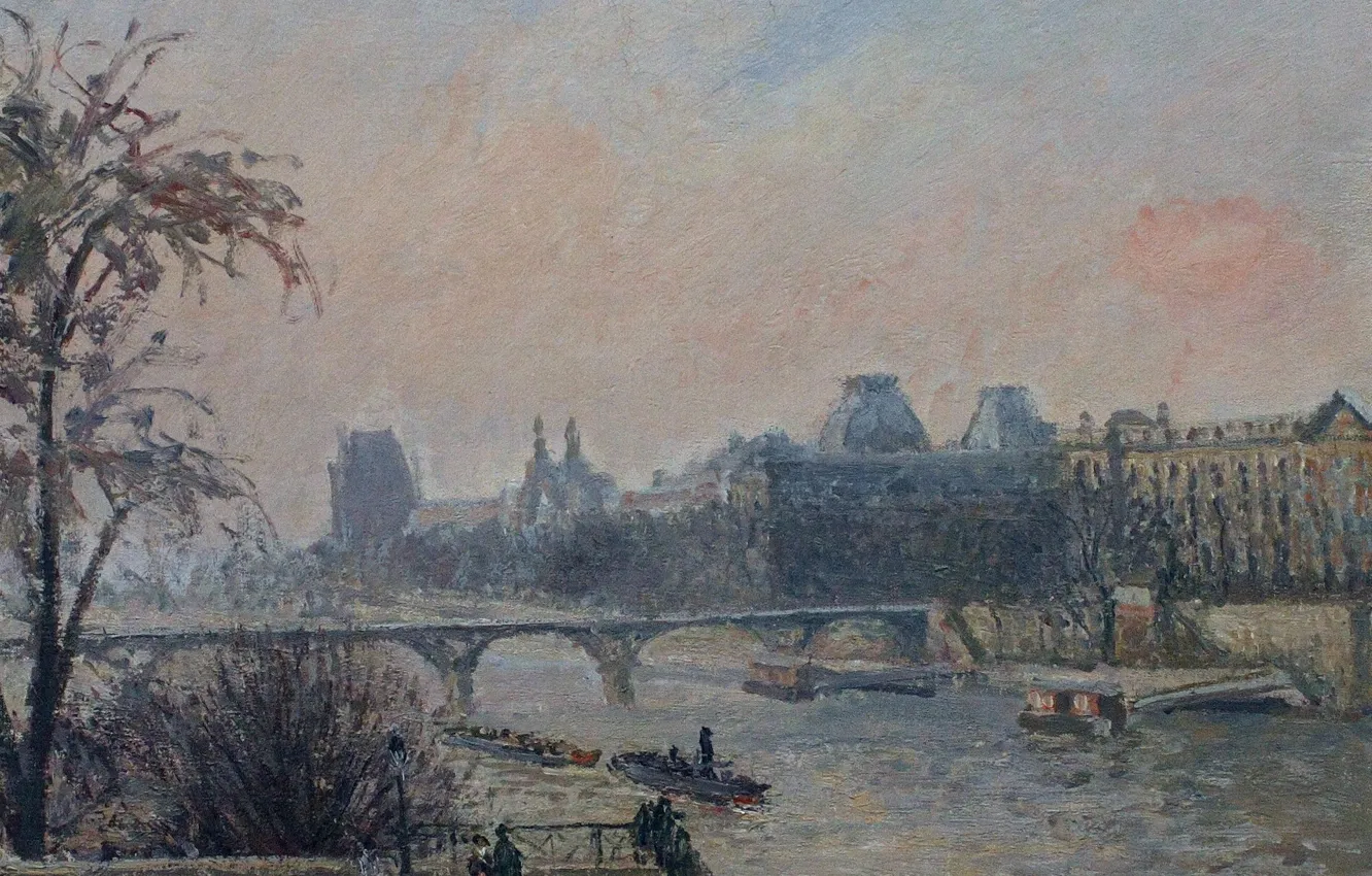 Photo wallpaper bridge, river, Paris, picture, the urban landscape, Camille Pissarro, The Seine and the Louvre