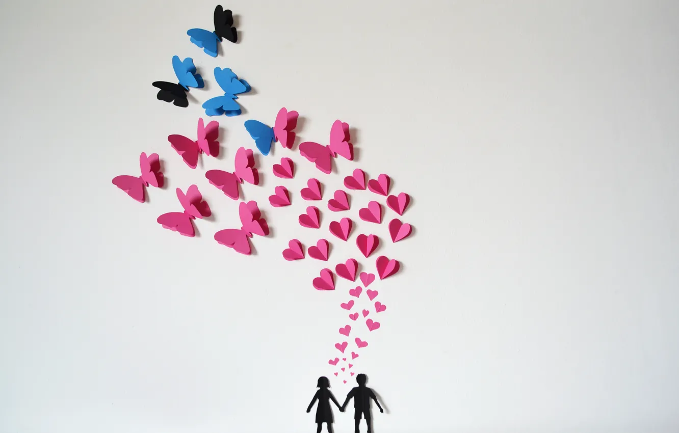 Photo wallpaper butterfly, paper, hearts, love, origami, romantic, hearts